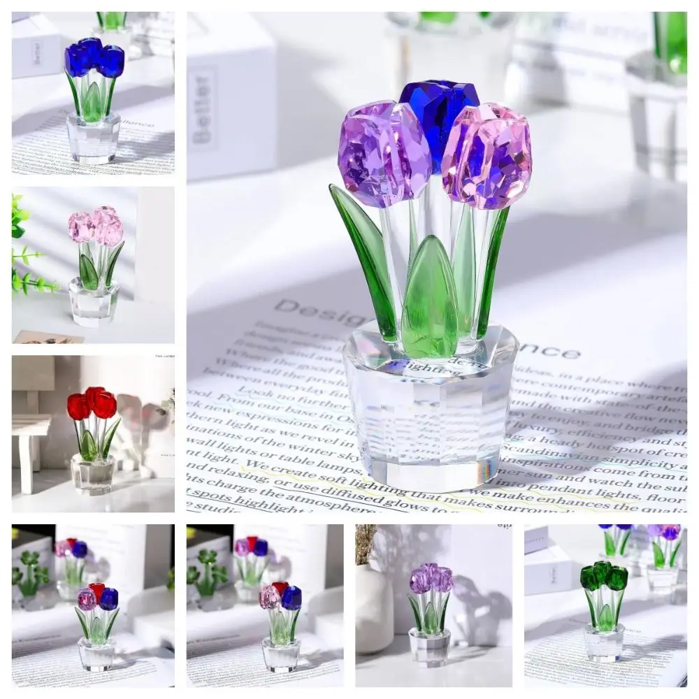 

Romantic Crystal Tulip Sculpture Handmade Colorful Flower Figurine Ornament Crystal Crafts Reflect Tulip Bouquet Statue Women