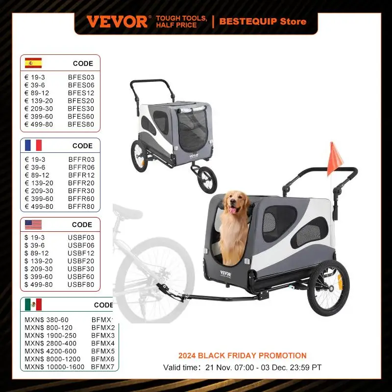 VEVOR 100lbs Dog Bike Trailer 2-in-1 Pet Stroller Cart Bicycle Carrier Folding Cart Frame with Wheels Reflectors Flag for Dogs