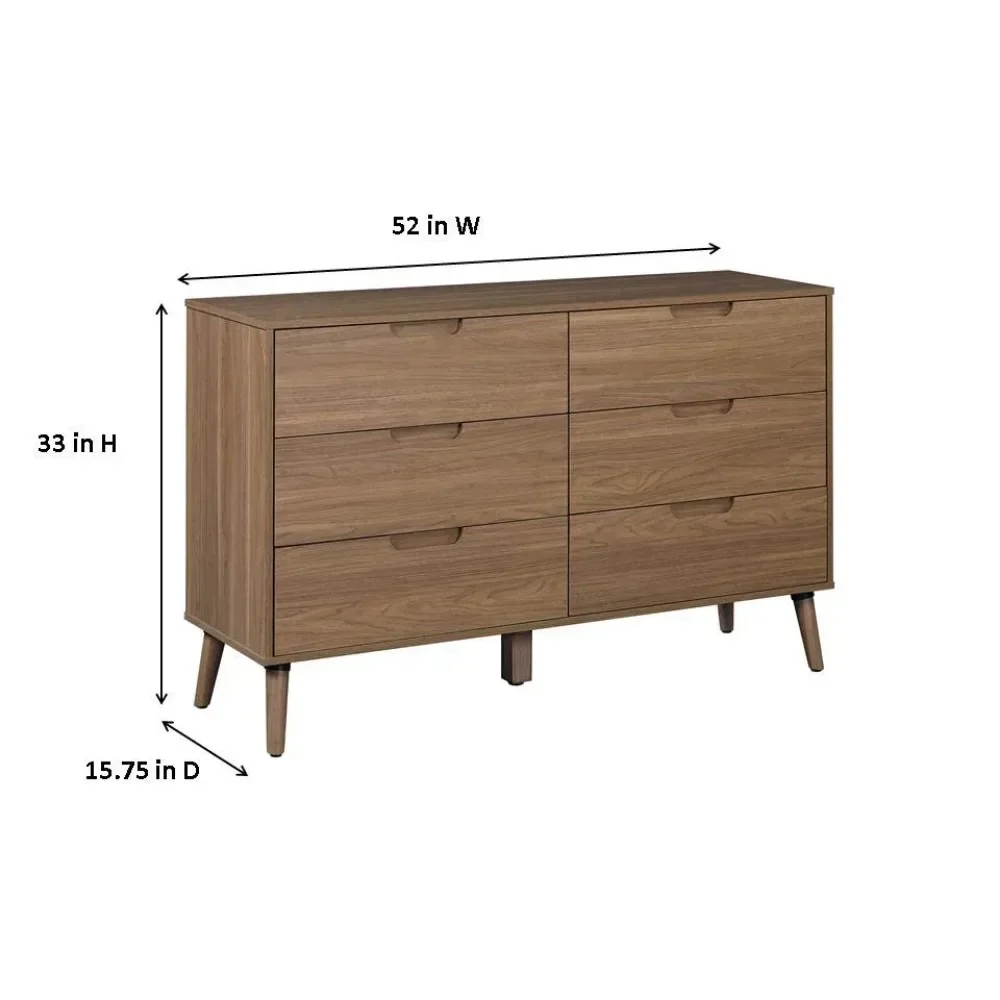 Modern 6 Drawer Horizontal Dresser with Durable Ball-bearing Slides,Solid Wood Feet, Bedroom, For all ages, Brown Walnut