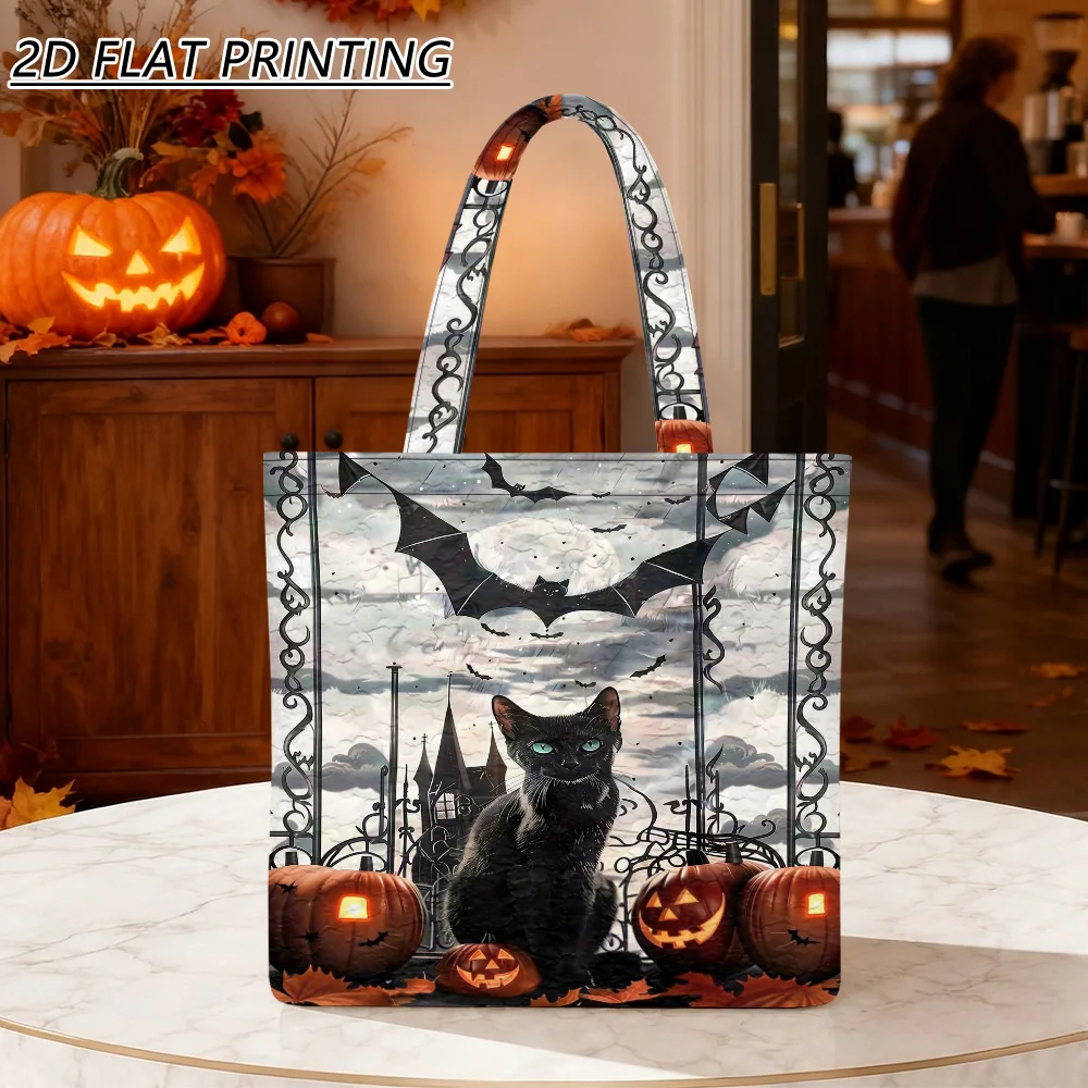 1pc Black cat bats pumpkins Quilted Women'S Shoulder Bag, Reusable Washable Handbag, Craft For Beach Commuting And
