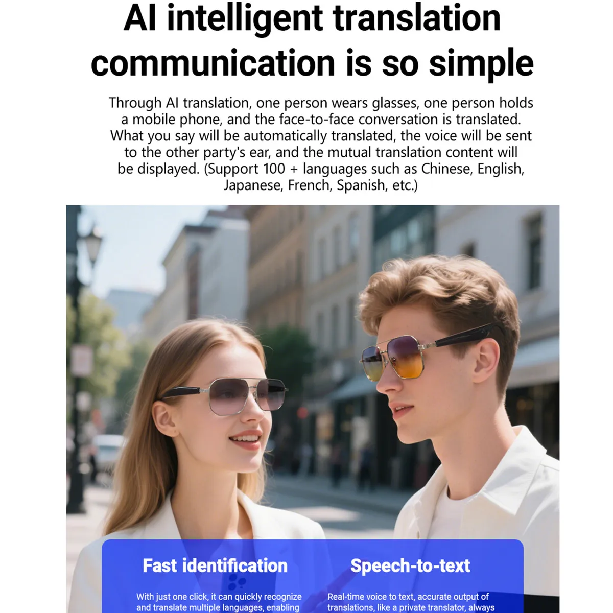 Bluetooth Smart Glasses Translate Language Remote Camera Play Songs Answer Call Smart Glasses with Artificial Intelligence