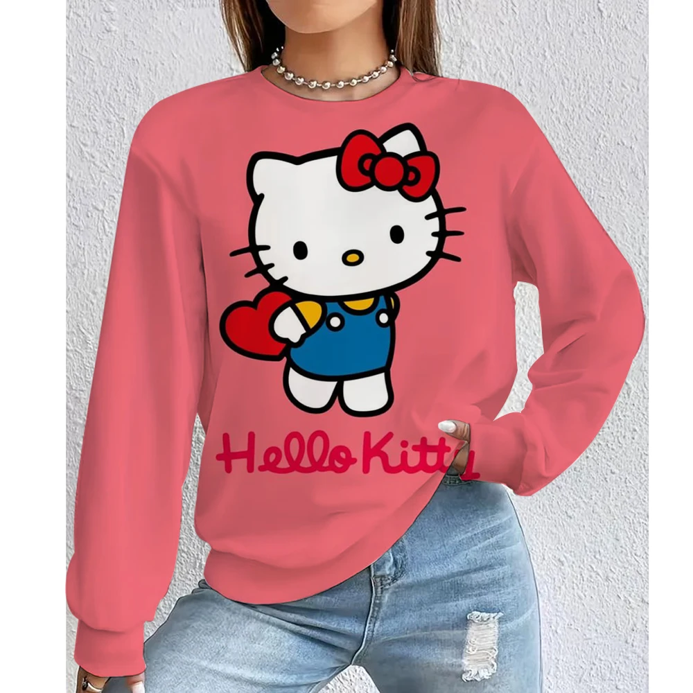 เสื้อฮู้ดผู้หญิงฤดูใบไม้ร่วง/ฤดูหนาวใหม่ Y2K เฮลโล คิตตี้การ์ตูนพิมพ์เสื้อคอกลมเสื้อหลวมแขนยาวเสื้อฮู้ด