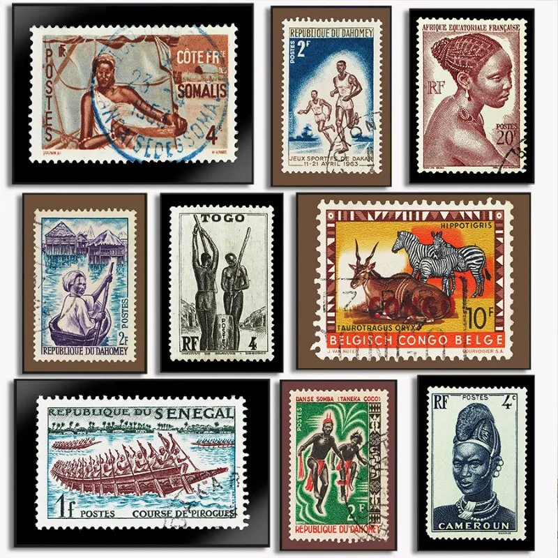 Vintage African Stamp Art Canvas Print Set Belgisch Congo Zebra Dahomey Poster Somali Kenya Nigeria Travel Wall Decor for Home