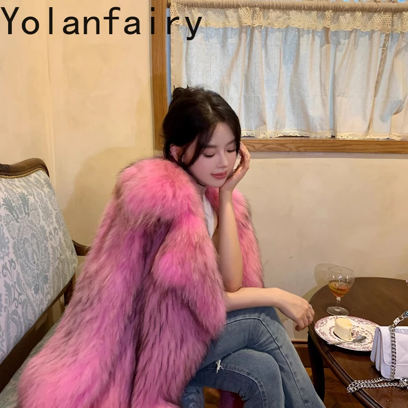 YOLANFAIRY jaket bulu musim gugur dan musim dingin dengan kerah bulu rakun tebal gaya Korea untuk bepergian jaket bulu шуба женская 2025