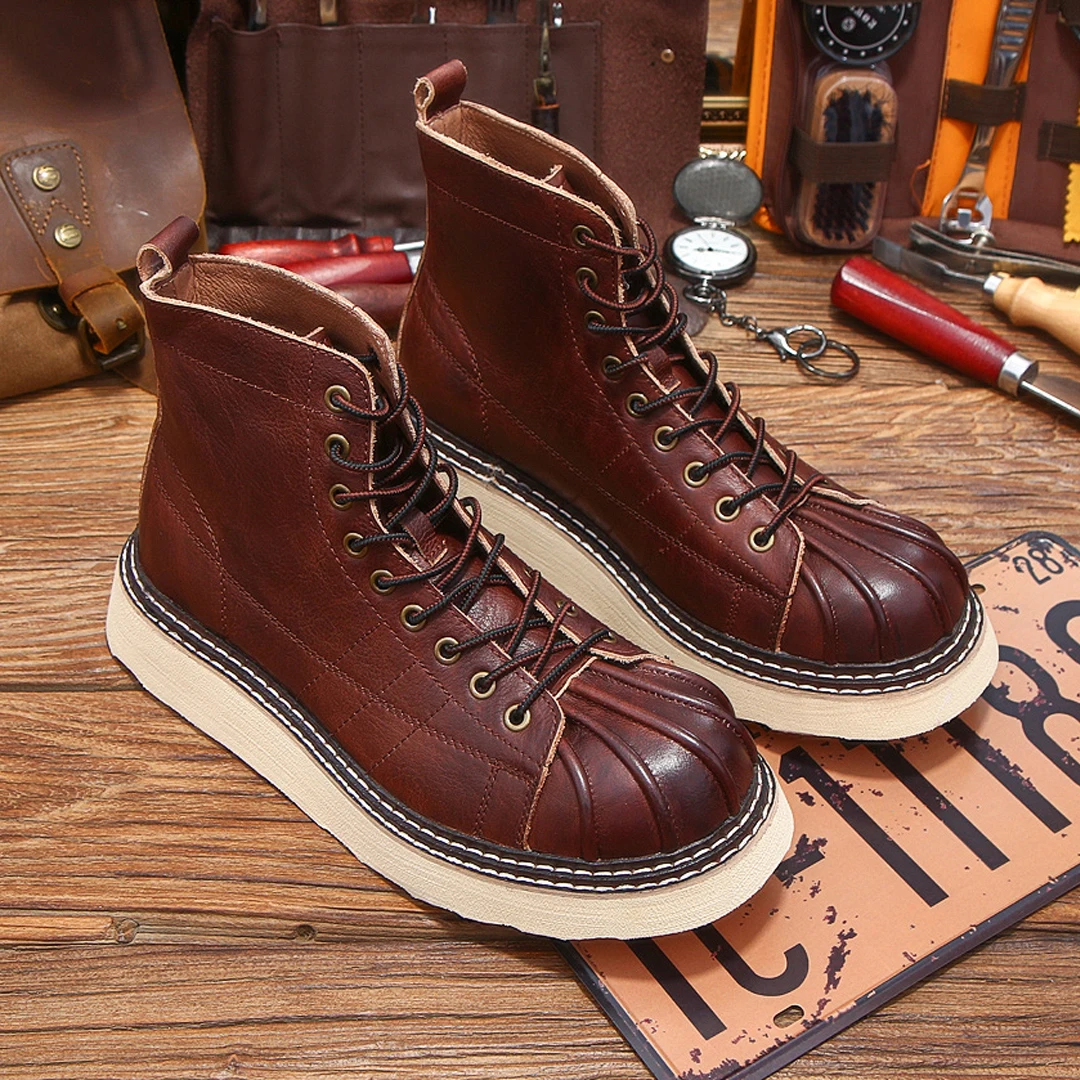 

Winter High-Top Men's Boots Short Face British Style Leather Shoes Fleece Lined Head Work Boots Trendy