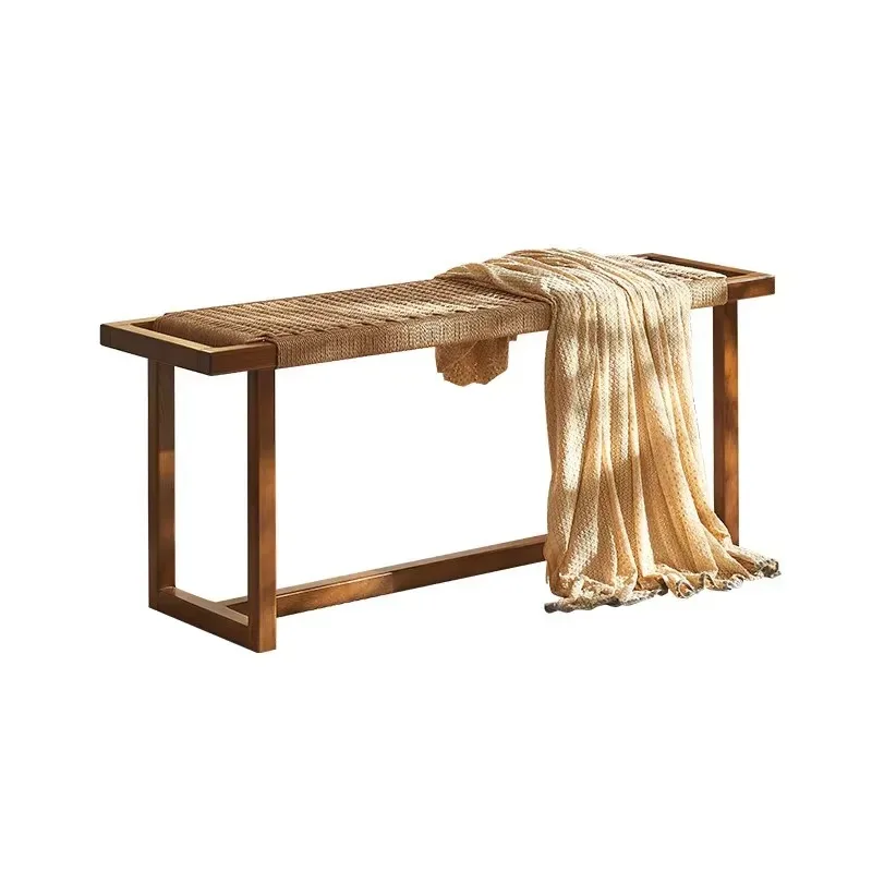 Modern Wood Rattan Bedside Stool Rope Dining Stool Sofa Bench for Bedroom Living Room Hotel Apartment