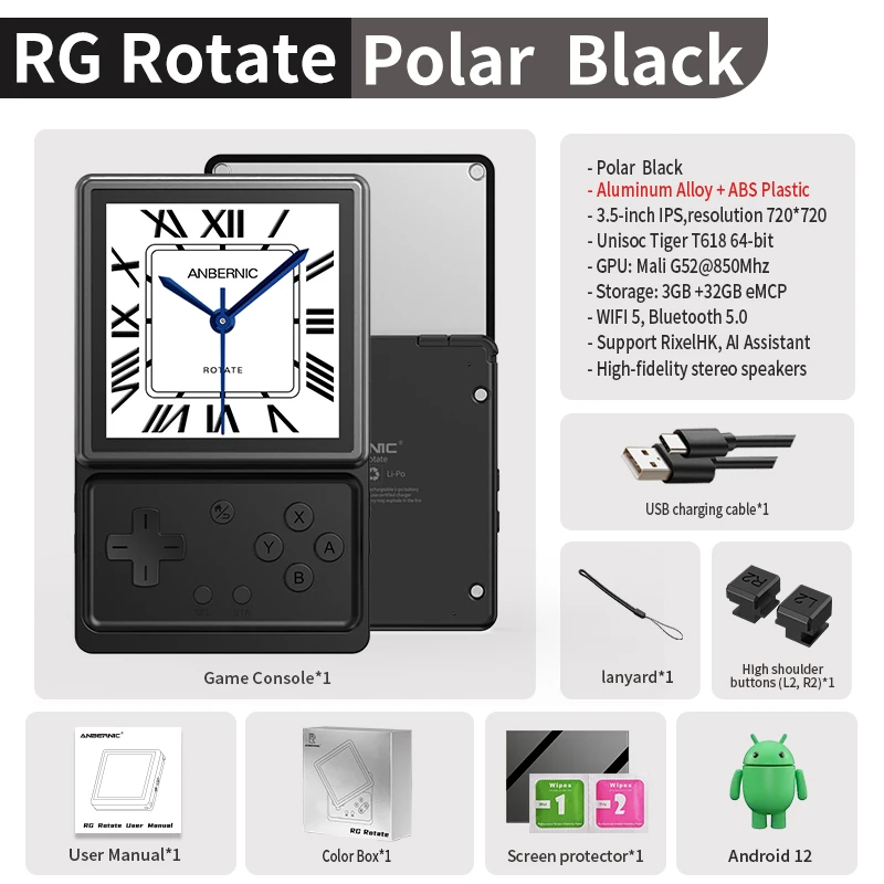 Anbernic RG Rotate Retro Handheld Gameconsole 3.5" IPS 720*720 Draaibaar Scherm Android 2000mAh Draagbare Game Speler AI WIFI