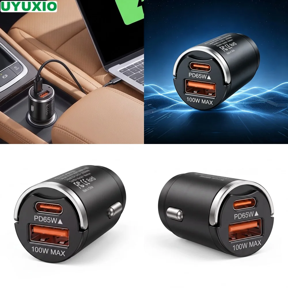 165W Travel Car Charger 65W USB C Power Delivery and 100W USB A for Multiple Mobile Devices Durable Zinc Alloy Mini Body