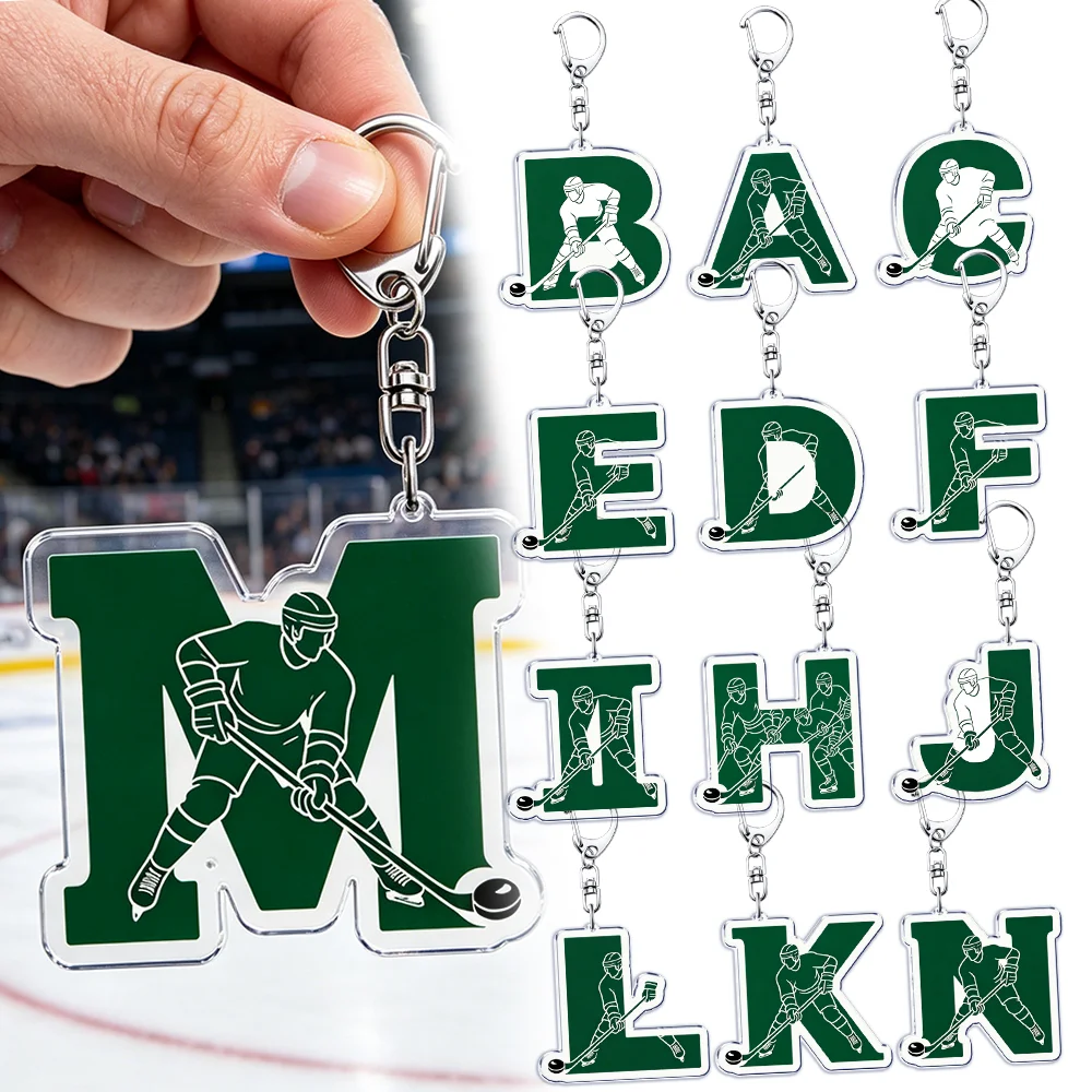 Llavero de hockey sobre hielo con letras A B M K L para accesorios de bolsos, regalos para amantes de los deportes, llaveros románticos, joyería para fanáticos, jugadores y equipos