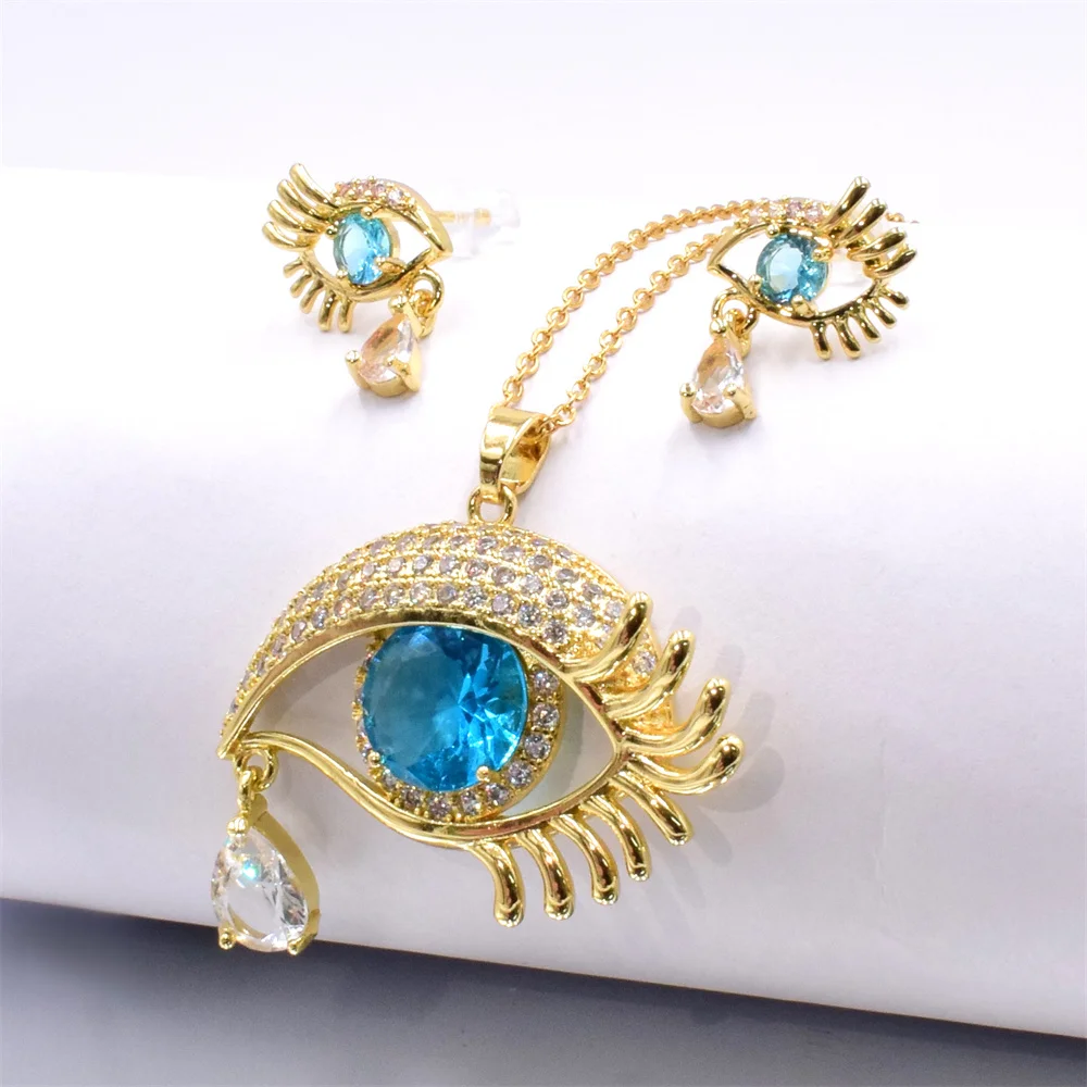 AILINFA New Evil Eye Zircon Set Eyelash Eyedrops Zircon Luxury Full Zircon Multicolor Eye Earrings Necklace Jewelry Set