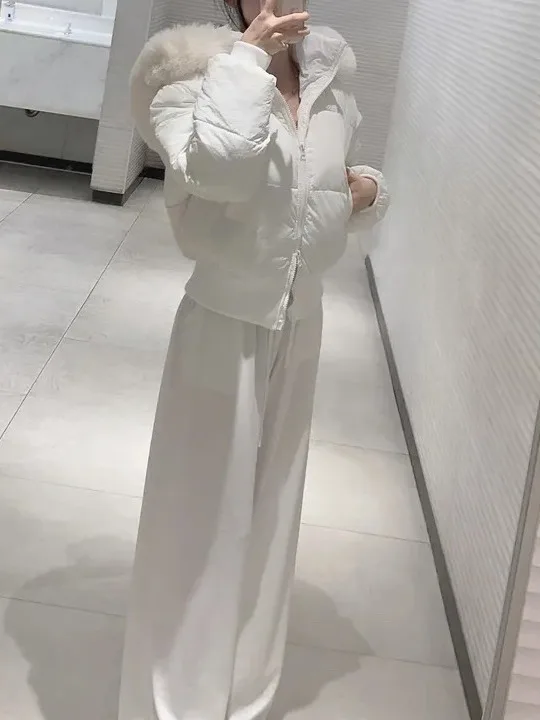 سترة قطنية قصيرة سميكة على الطراز الكوري للنساء، أنيقة ومتعددة الاستخدامات مع سحاب مزدوج وياقة فرو وغطاء للرأس وحزام خصر #5