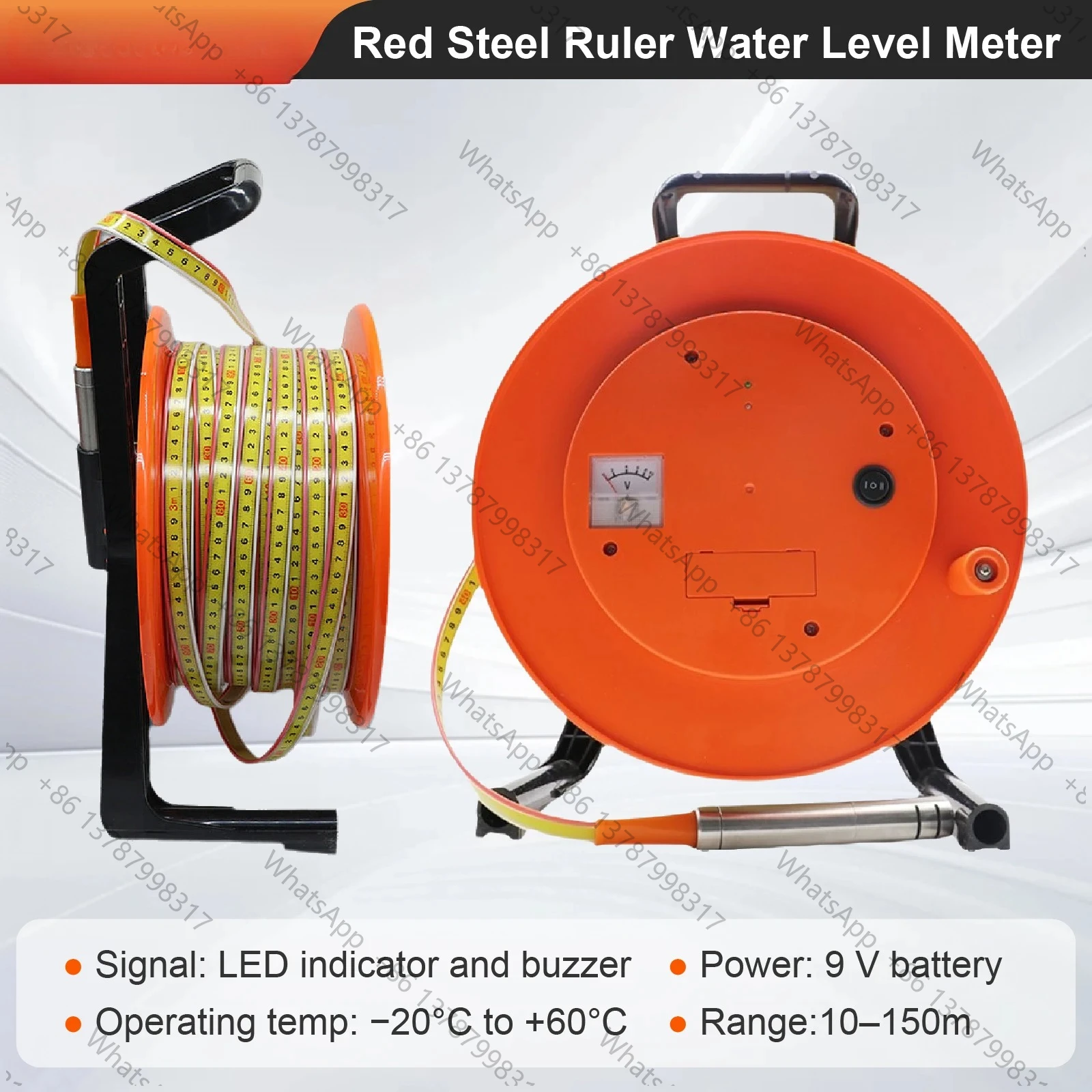Steel Ruler Water Level Meter Well Depth Gauge Cable Reel Groundwater Level Indicator Battery Powered LED Buzzer 10-150m