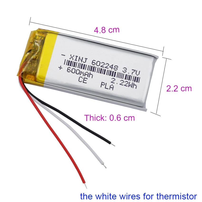 Bateria Recarregável Lipo de Substituição de Polímero, Termistor NTC, 3 Fios, 3.7V, 600mAh, 602248, JST, 3Pin, 1.0mm, 1.25mm, 1.5mm, 2.0mm, 2.54mm, PCes 2