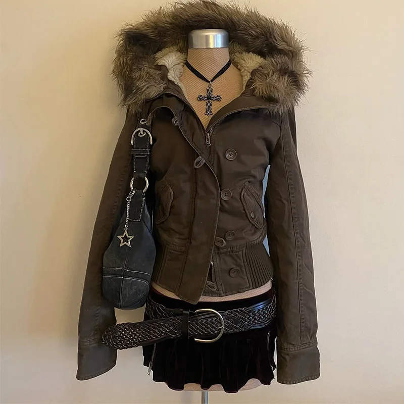 American style removable fur sweater hooded jacket Y2K women's fall and winter new retro casual slim waist waist short jacket