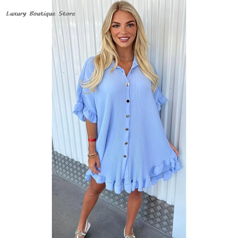 2024 New Ruffle A-line Casual Women Dress Short Sleeve Single Breasted Fashion Elegant Loose Pleat Short Summer Dress For Lady