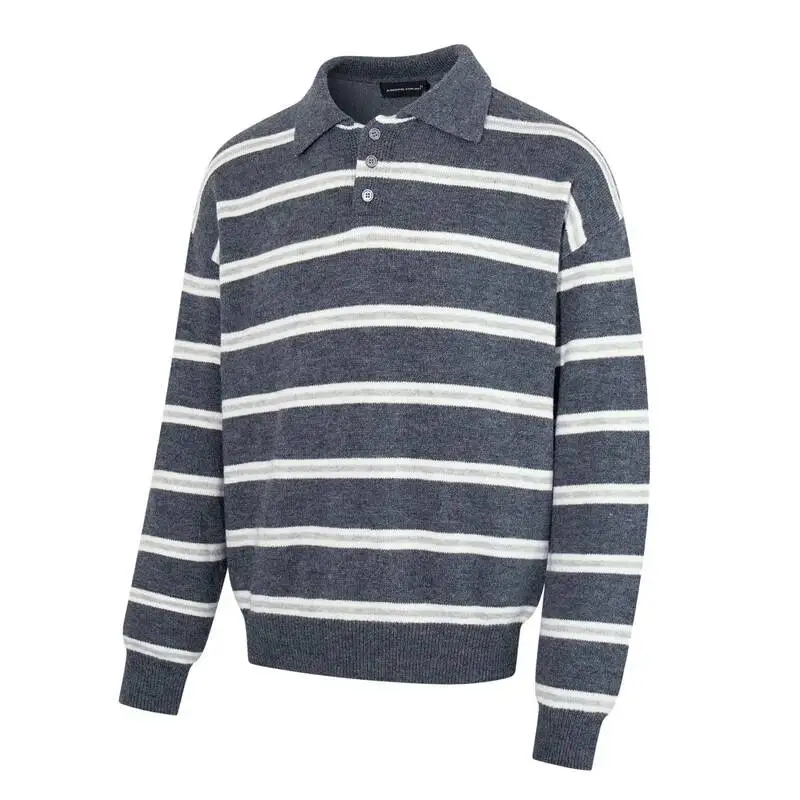 Vintage Stripe Polo Knit Sweater Mens Lapel Drop Long Sleeve All-match Casual Male Pullovers 2026 Autumn New Trend XDE5