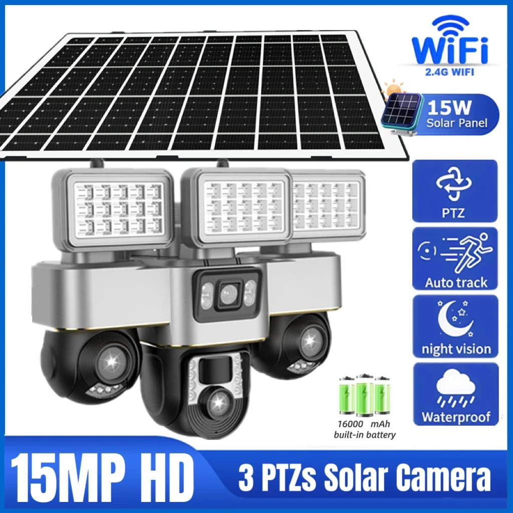 

15MP Solar Camera Triple Lens PTZ Camera 2-Way Audio Outdoor Waterproof Built-in Battery Wifi HD Security CCTV with Streetlight
