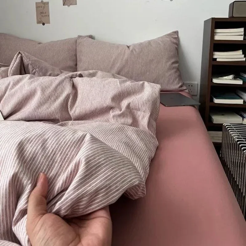 Ins Nordic Bedding Set Plaid Striped Duvet Cover Set Soft Flat Sheets Set 2 Pillowcases Single Twin Full Queen Size Simple Style