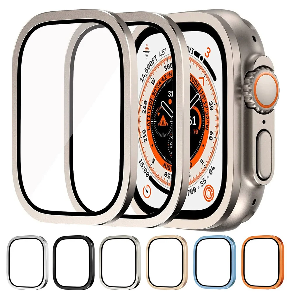

Закаленное стекло для Apple Watch Ultra 49 мм, титановая металлическая рамка, пленка против царапин для серии Ultra 2, аксессуары для защиты экрана