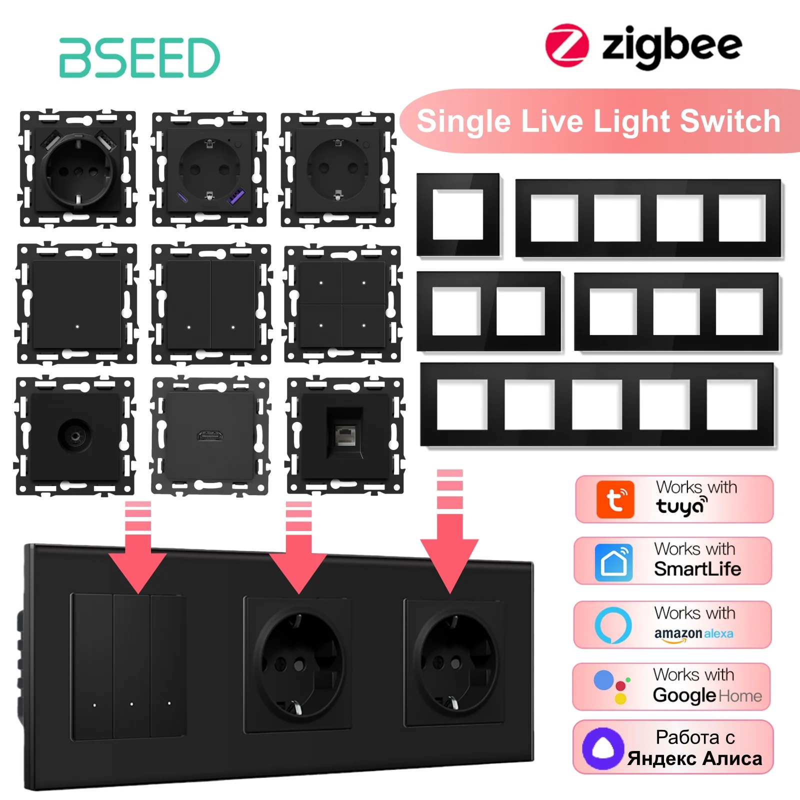BSEED Zigbee Click Switch No Need Neutral Wire Modules Smart Sockets With Metering Smart Light Switch Parts DIY Combination