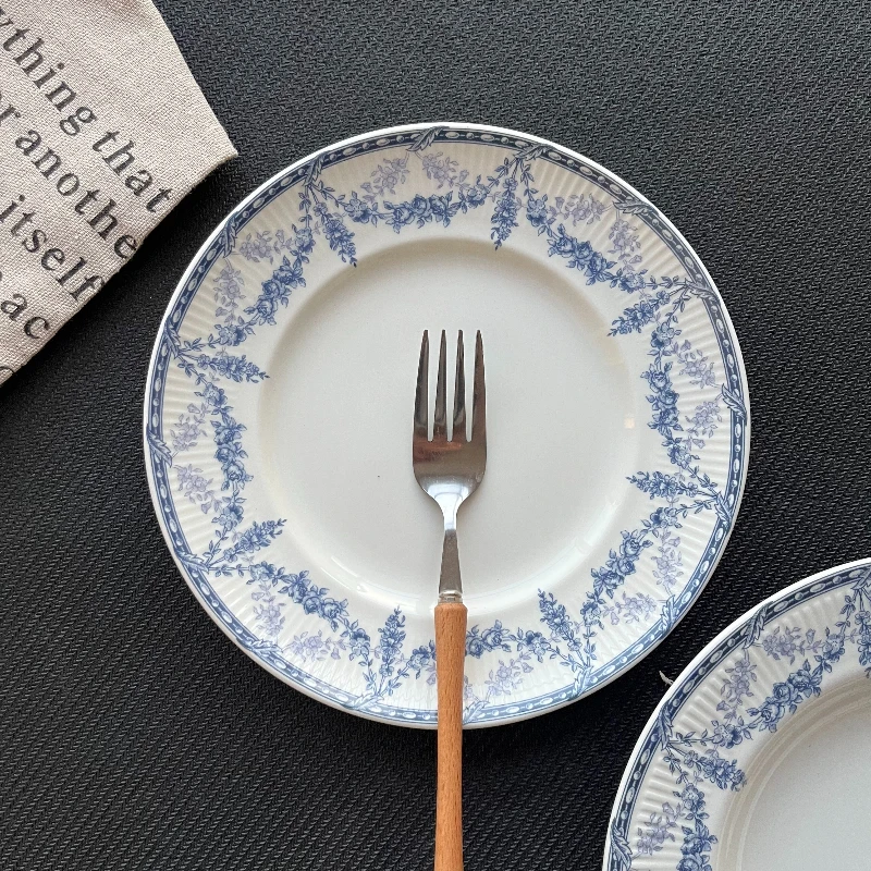 Vintage Broken Flower Blue and White Ceramic Plate, Chinese and Western Style Tray Steak Plate Dessert Plate