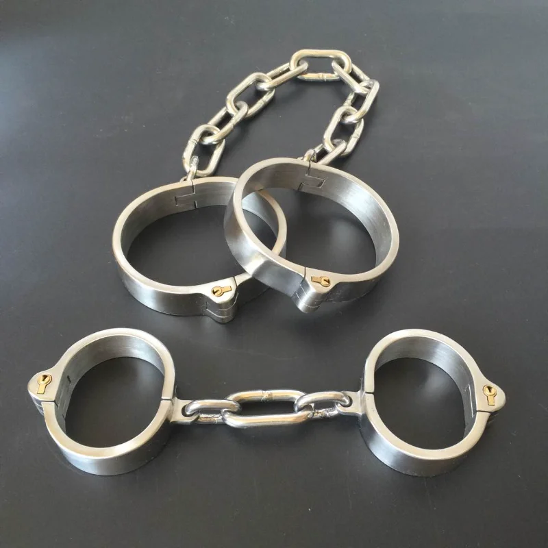 Heavy Stainles Steel Slave Wrist Handcuffs Ankle Cuffs Shackles /Detachable chain BDSM Bondage Lock  Adult Fetters Slave Sex Toy