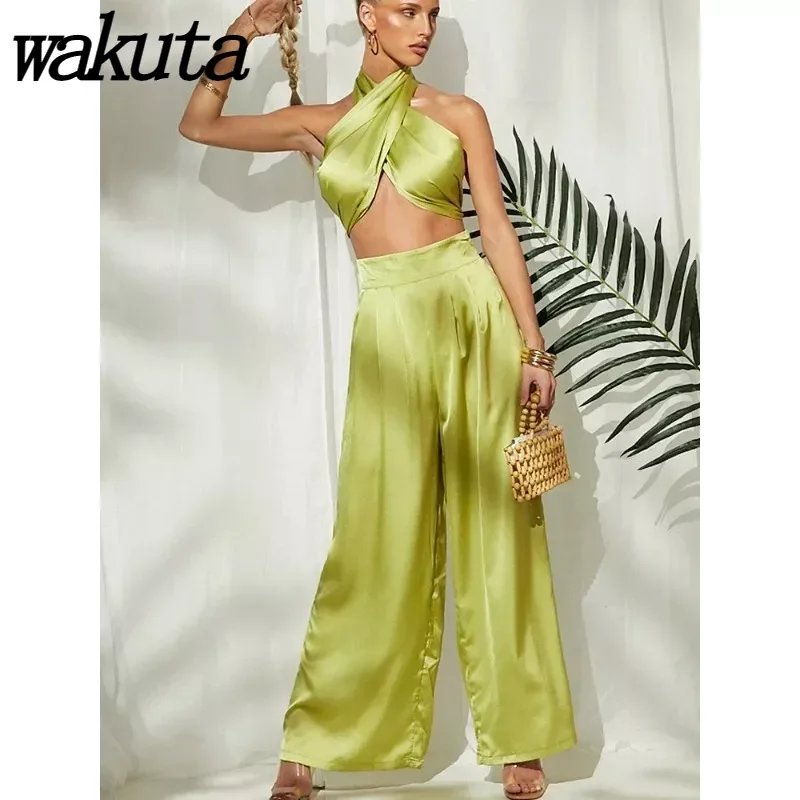 Wakuta-Conjunto de Top de tubo delgado y pantalones de pierna ancha, Top Delgado Sexy, pantalones de pierna ancha adelgazantes, conjuntos de ceremonia de graduación, moda de dos piezas