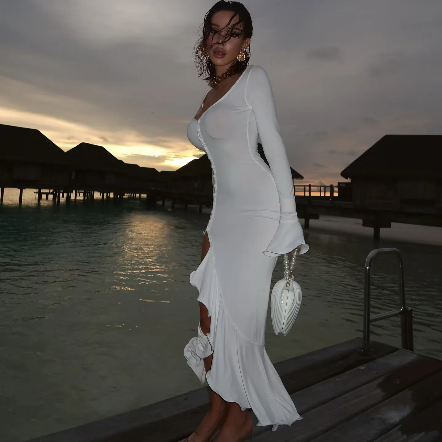 Lente Zomer Nieuwe Zoete Pittige Sexy Drifting Lotus Afslanken Dr Vrouwen V-ne Andere Materialen Faionable Ele