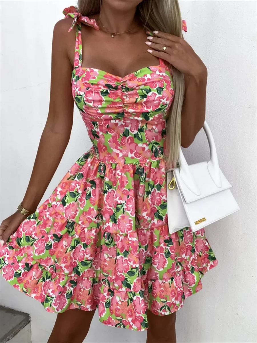 

wsevypo Floral Printed Tie-Up Straps Ruffle Dress Sweet Summer Women Sleeveless Pleated Chest Flare A-Line Short Beach Dresses