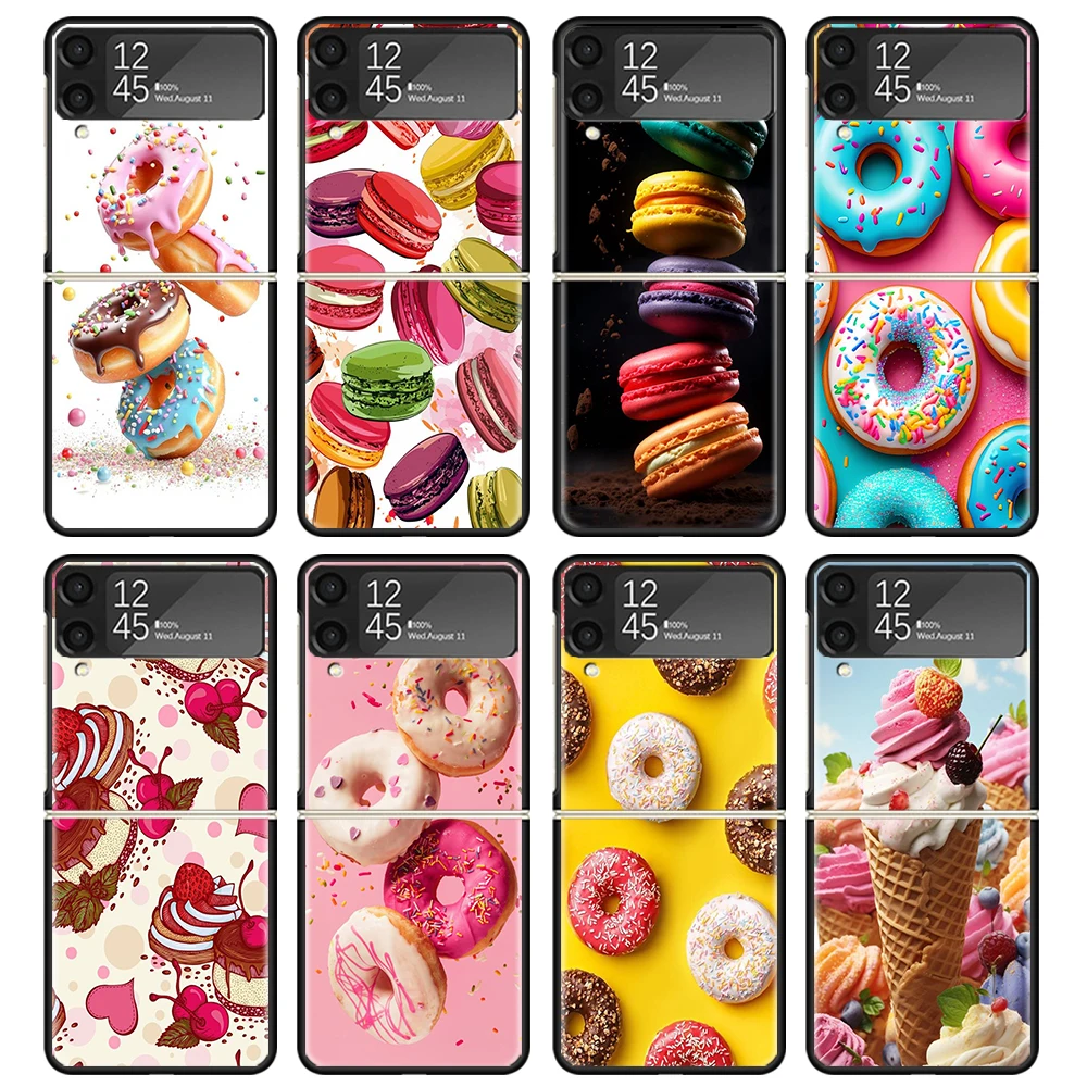 Macaron Ice Cream Cake Doughnut Phone Case For Samsung Z Flip 6 5 4 3 Galaxy ZFlip6 5G Flip5 Flip4 Black Hard Camera Protective