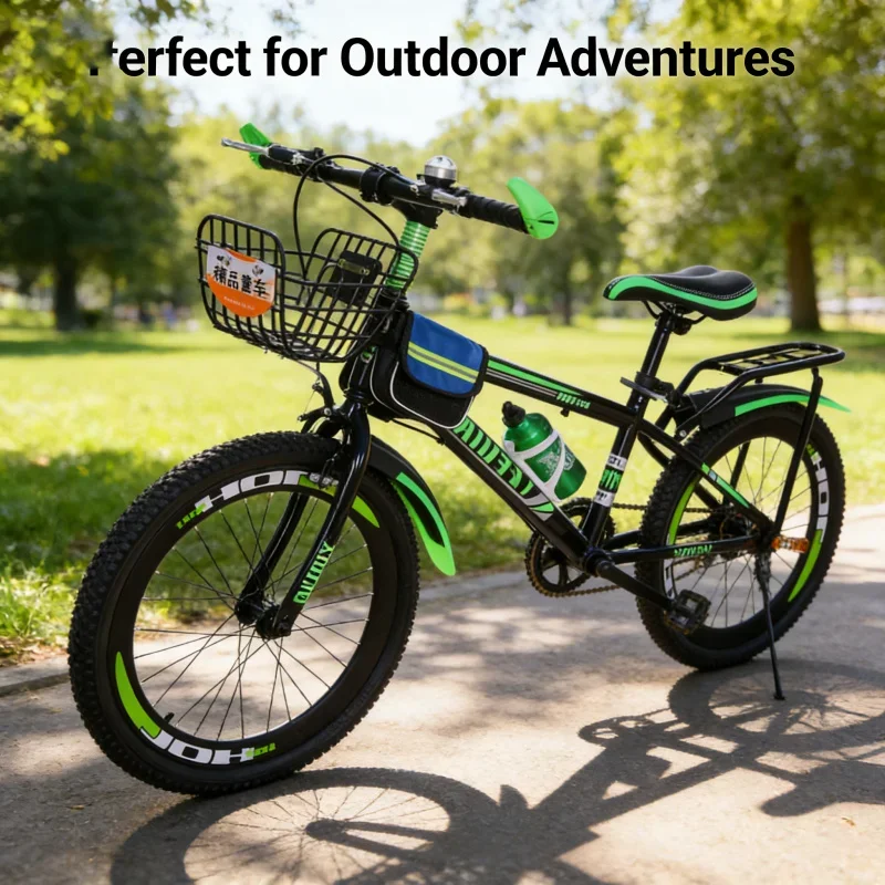 Bicicleta para niños, marcha única, negra y verde, con freno de posavasos, asiento trasero, cesta de coche, bolsa de regalo, freno de disco, bicicleta de velocidad Variable