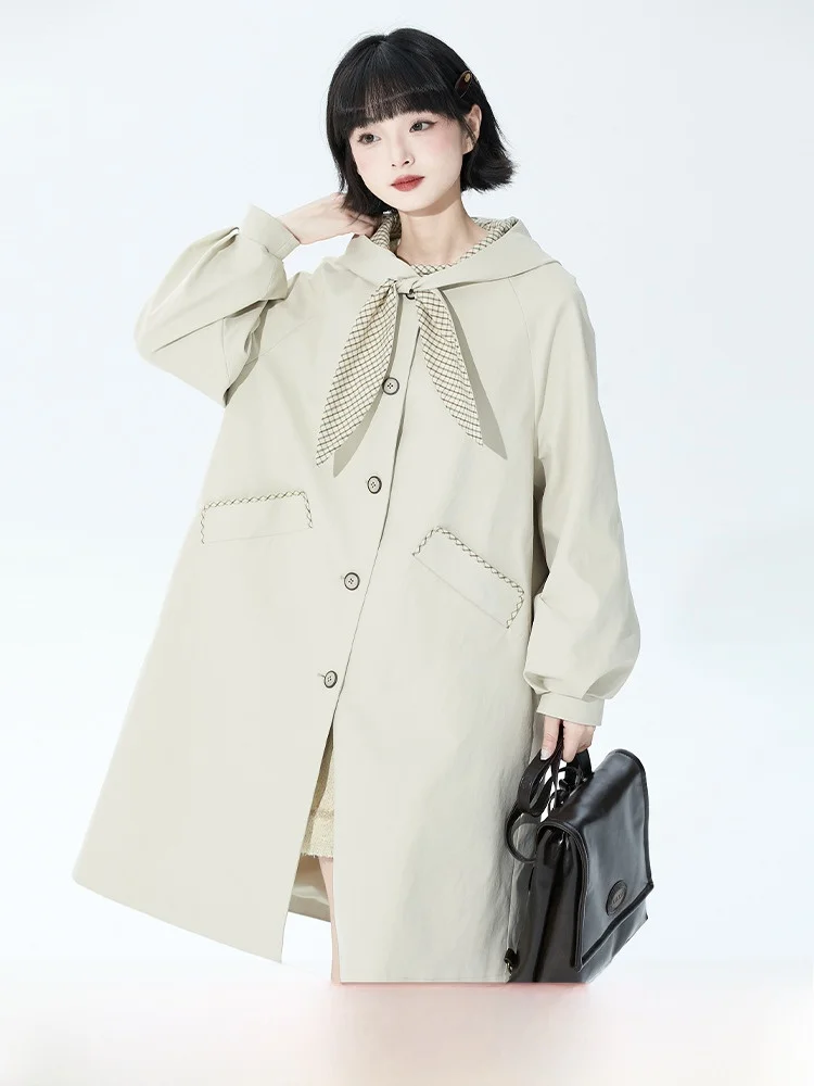

Long Loose Women's Windbreaker Coat with Hat Rabbit Ear Patchwork Design Vintage Sle Autumn Outerwear Polyester Fabric