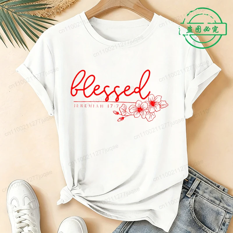 Blessed Women's T-Shirt Christian Faith Graphic Tee Shirts Fashion Casual Short Sleeve O Neck Female Tops Clothing Short Sleeve