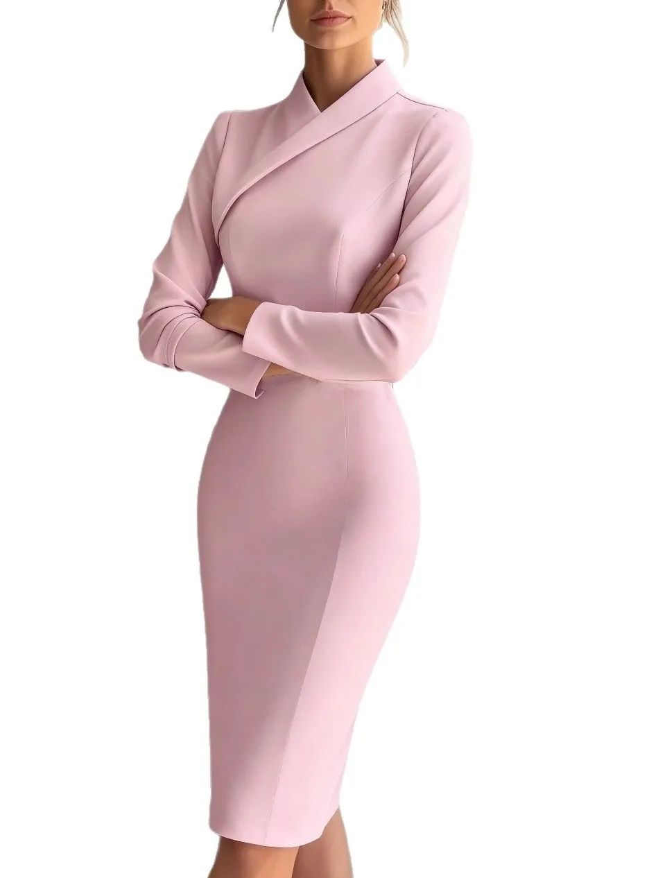 Pastellblauer Slim-Fit-Bleistiftrock mit hohem Kragen und hohem Kragen für Damen, Pendler, Faion, reine Farbe, Damenröcke, chinesisches Sle