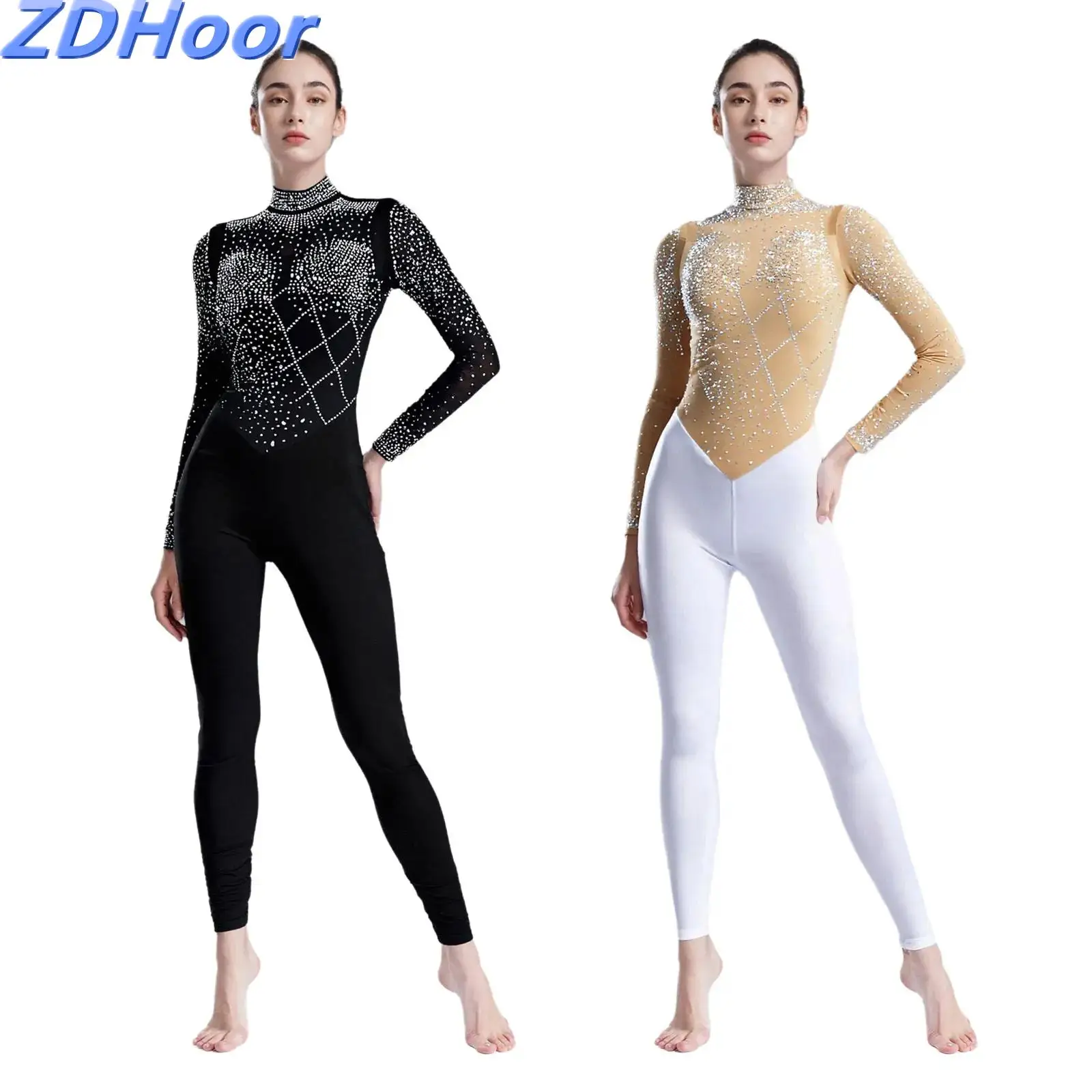 

Womens Glittery Rhinestones Bodysuit Sheer Mesh Patchwork Mock Neck Long Sleeve Slim One-piece Rompers for Club Party