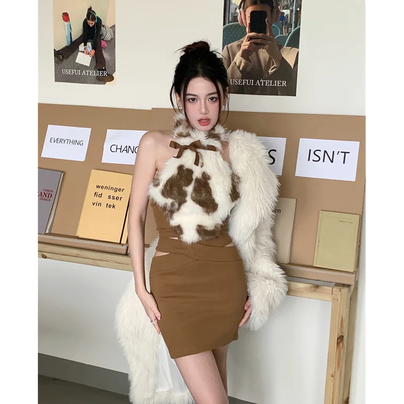 Spring Women' Clothing Dress Sexy Hot Girl Little Cow Contrast Color Fur Fur Top Design Hollow-out Cross Belt Buttock Skirt Suit