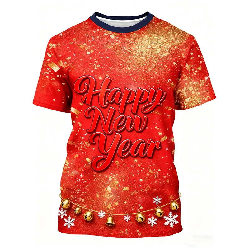 

2026 Happy New Year T-shirt Unisex Red Cool Casual Short Sleeve T Shirts Christmas Clothes Snowflake Ribbon Print Xmas New Year