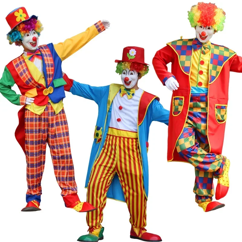 Adult Men Clown Costume With Mask Wig Funny Circus Naughty Harlequin Uniform Men Fancy Dress Cosplay