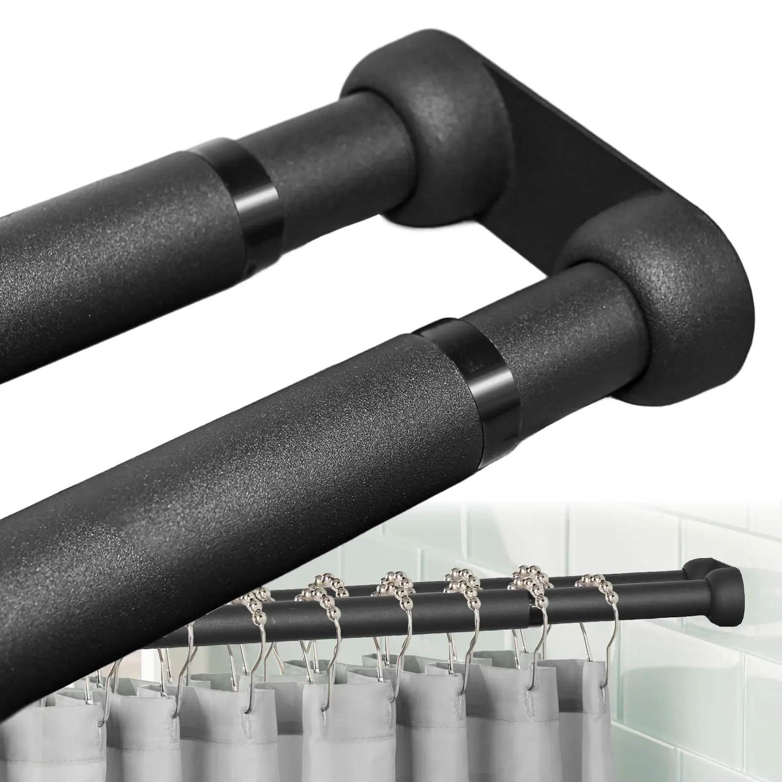 

Double Wall Mounted Adjustable Shower Curtain Rod 27-90 Inches For Bathroom Laundry Kitchen Black
