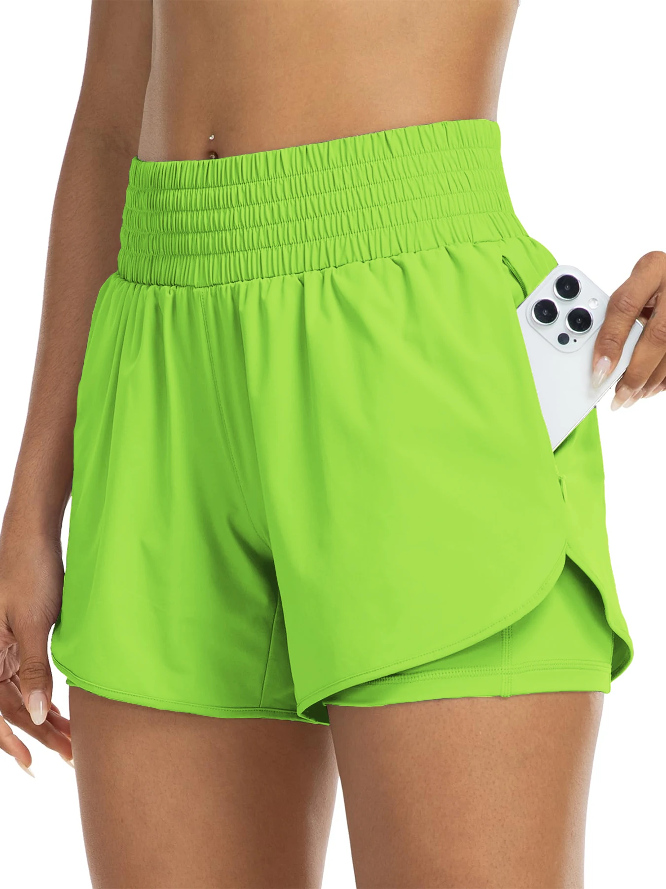 Beautiful high-waisted sports shorts, suitable for running, yoga, fitness and exercise, with pocket design.
