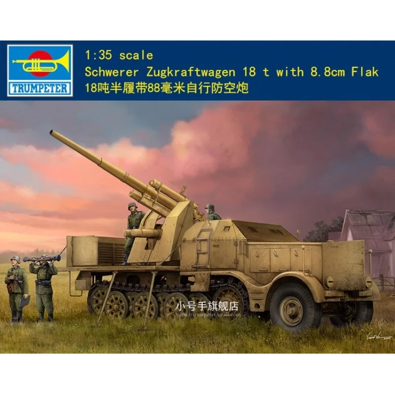 Kit de modelo montado em plástico trompetista 09577 Schwerer Zugkraftwagen 18 t com aba de 8,8 cm 1/35