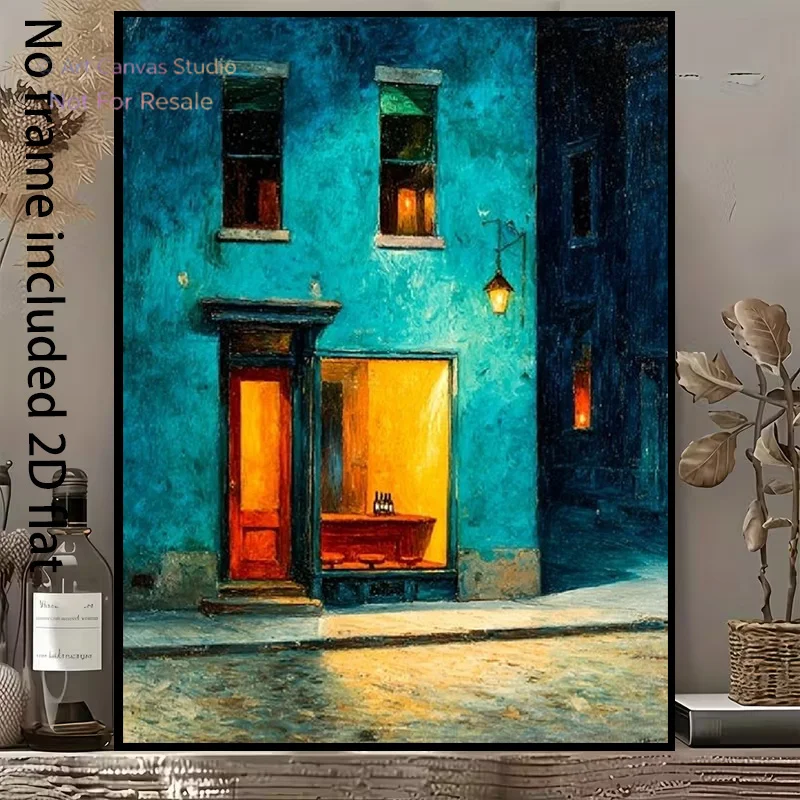 2D Flat, 1pc Vertical Frameless Canvas Painting - Cozy Night Café Suitable for /, Warm Lights & Quiet Street Scene, Modern Mi