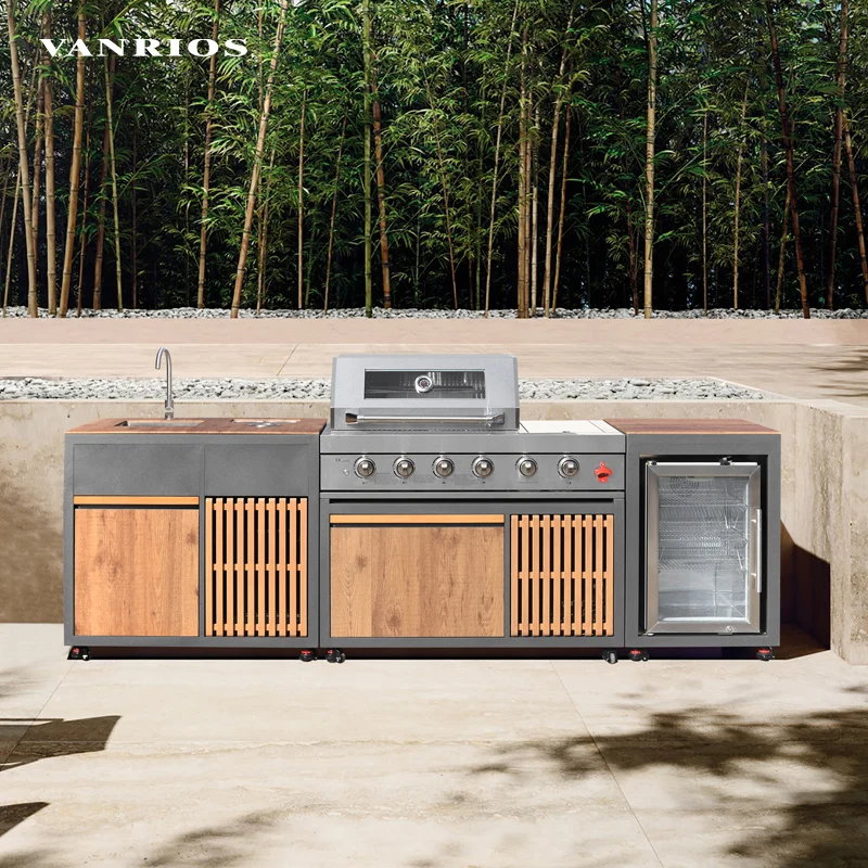 Customized Commercial High Quality Aluminum Bbq Pizza Island Framing Patio Cabinets Outdoor Kitchen Set with Bbq and Fridge