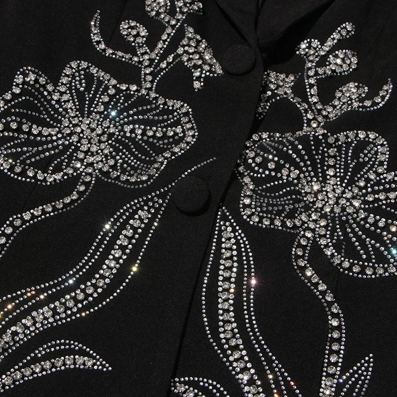 Eeovni diamante emendado flor design terno feminino preto gola entalhada manga longa botão blazer casaco moda 2026 novas roupas