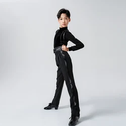 New Velvet Latin Dance Costume For Boy's Black Hight Neck Tops Rumba Samba Practice Set Ballroom Cha Cha Competition Wear XH1762
