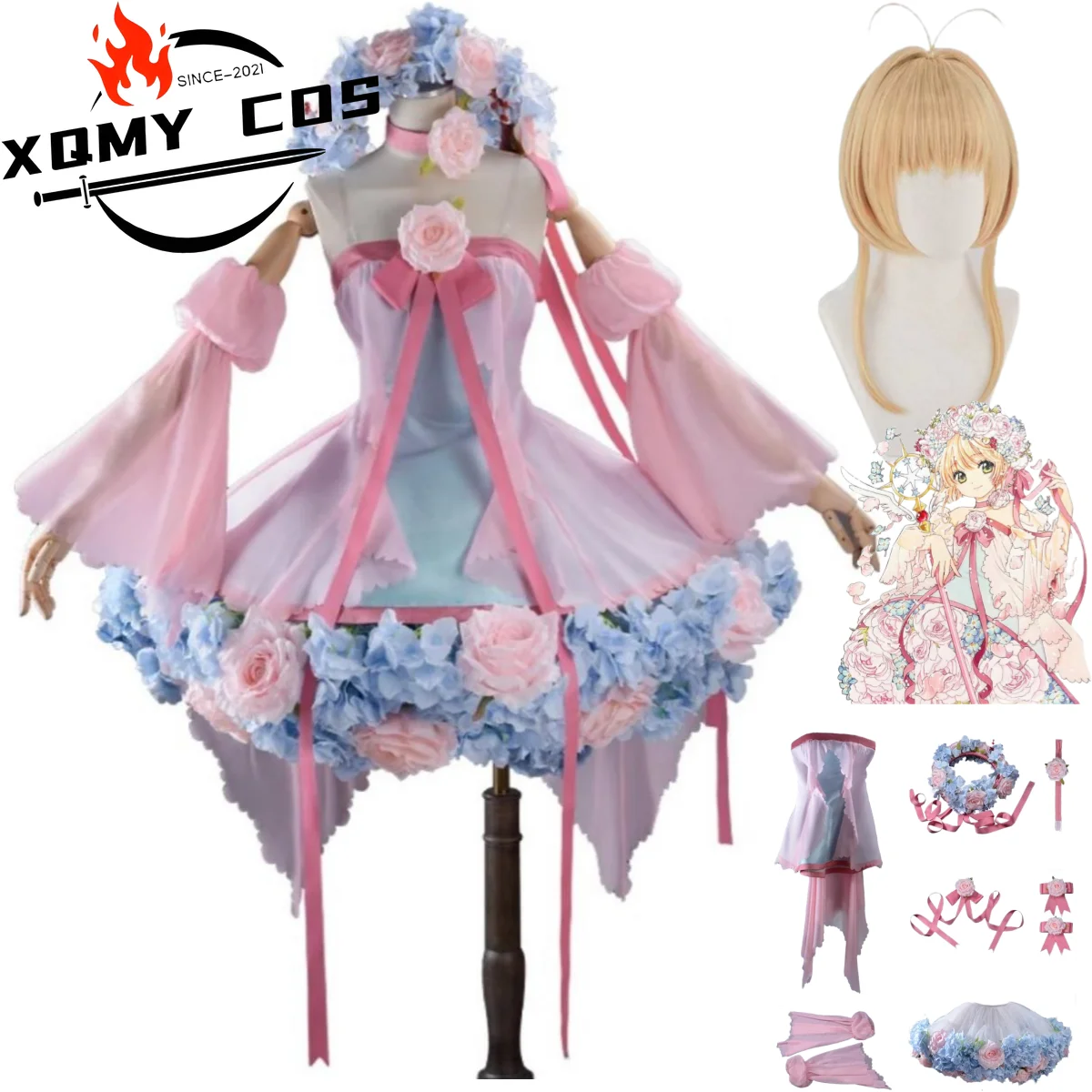 XQAnime Cardcaptor Sakura Card Captor Kinomoto Sakura Cosplay Costume Flower Fairy Pink Lolita Dress Wig Woman Sexy Halloween Su