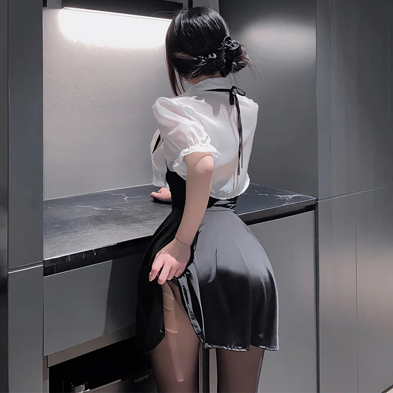 Role Play Hotel Uniform Temperament Clothes Women College Style Transparent Maid Outfits Costumes Erotic Role Play OL Dress
