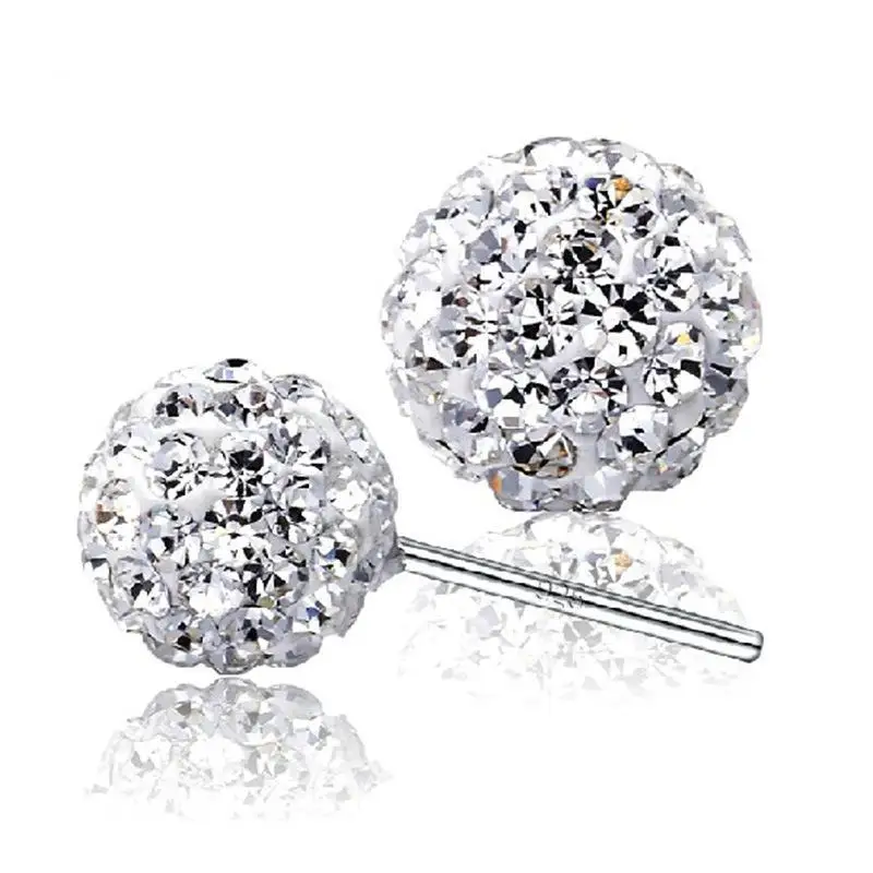 Classic 925 Sterling Silver Full Crystal Ball Earrings For Women Jewelry Earing 6 8 10 12mm Ball Stud Earrings Pendientes Brinco