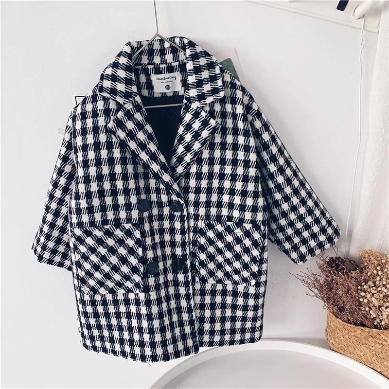 Winter Baby Boy Woolen Plaid Jacket Long Double Breasted Warm Toddler Girls Lapel Tweed Coat Cotton Padded Outwear Kids Clothes