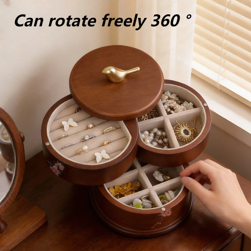 Solid Wood Jewelry Box Rotating Women Earrings Ring Organizer Boxes Luxury Jewelry Storage Case Wedding Trinket Holiday Gift Box